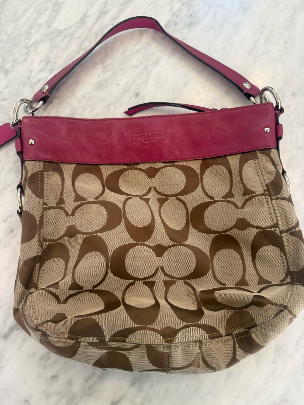 Coach Signature C Jacquard Hobo Shoulder Bag Berry Pink Leather Y2K